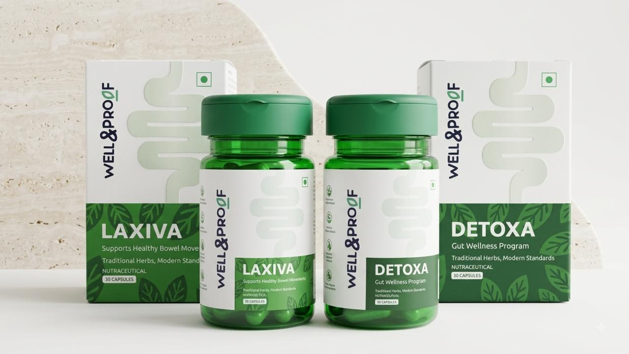Well & Proof Laxiva and Detoxa bottles and cartons
